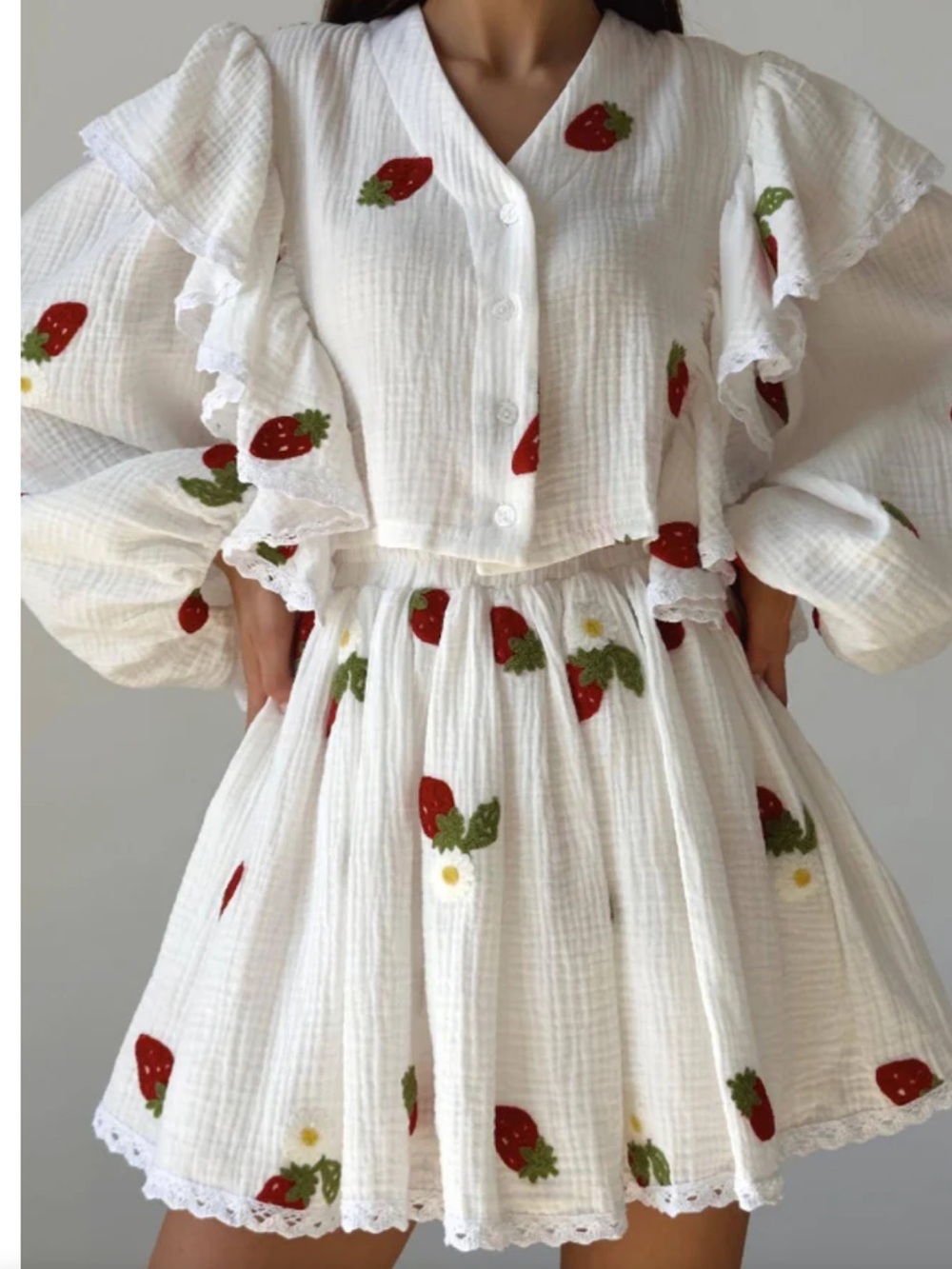Ruffled Strawberry Print Skirt Set-Size Small
